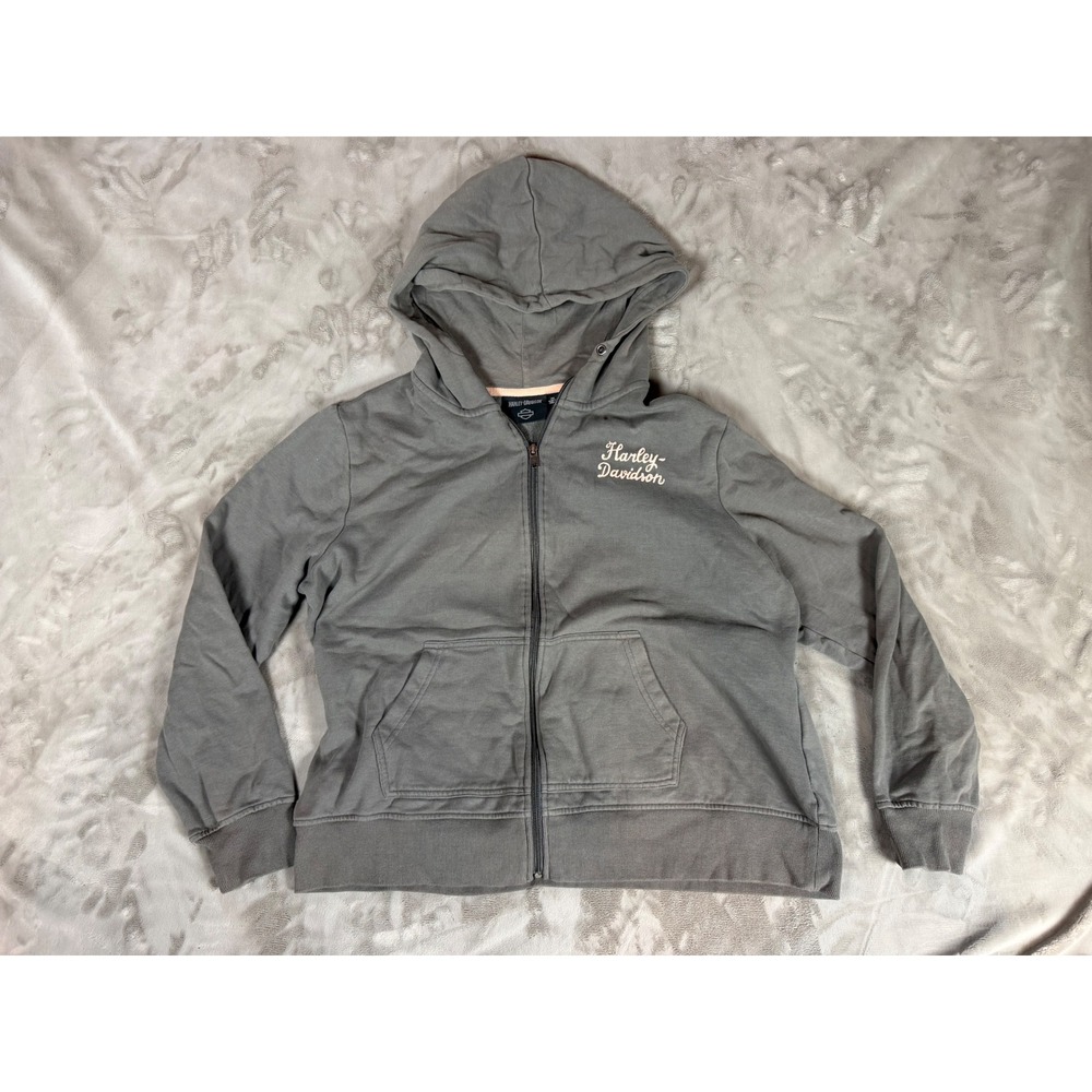 Harley-Davidson Womens 2XL Gray Full Zip Hoodie Winged Graphic Fleece Sweatshirt